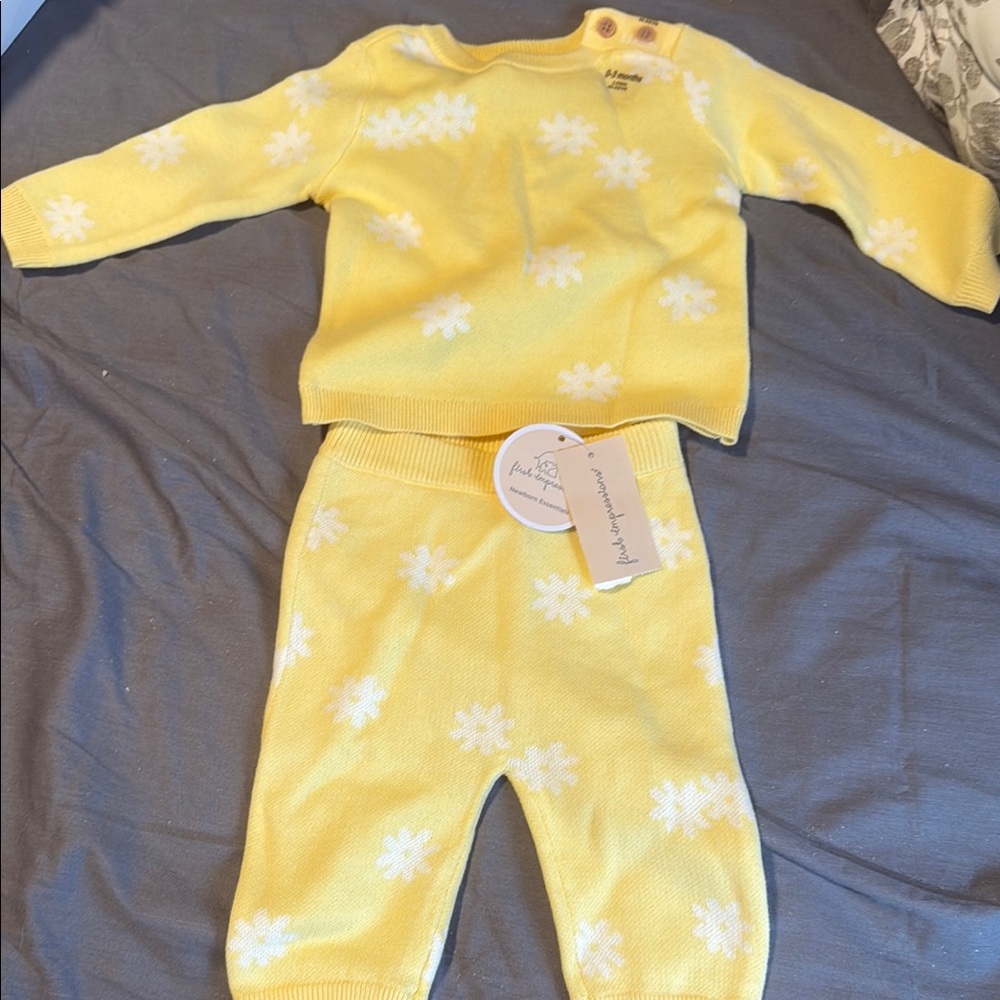 First Impressions Yellow Knit Baby Set with White Floral Accents